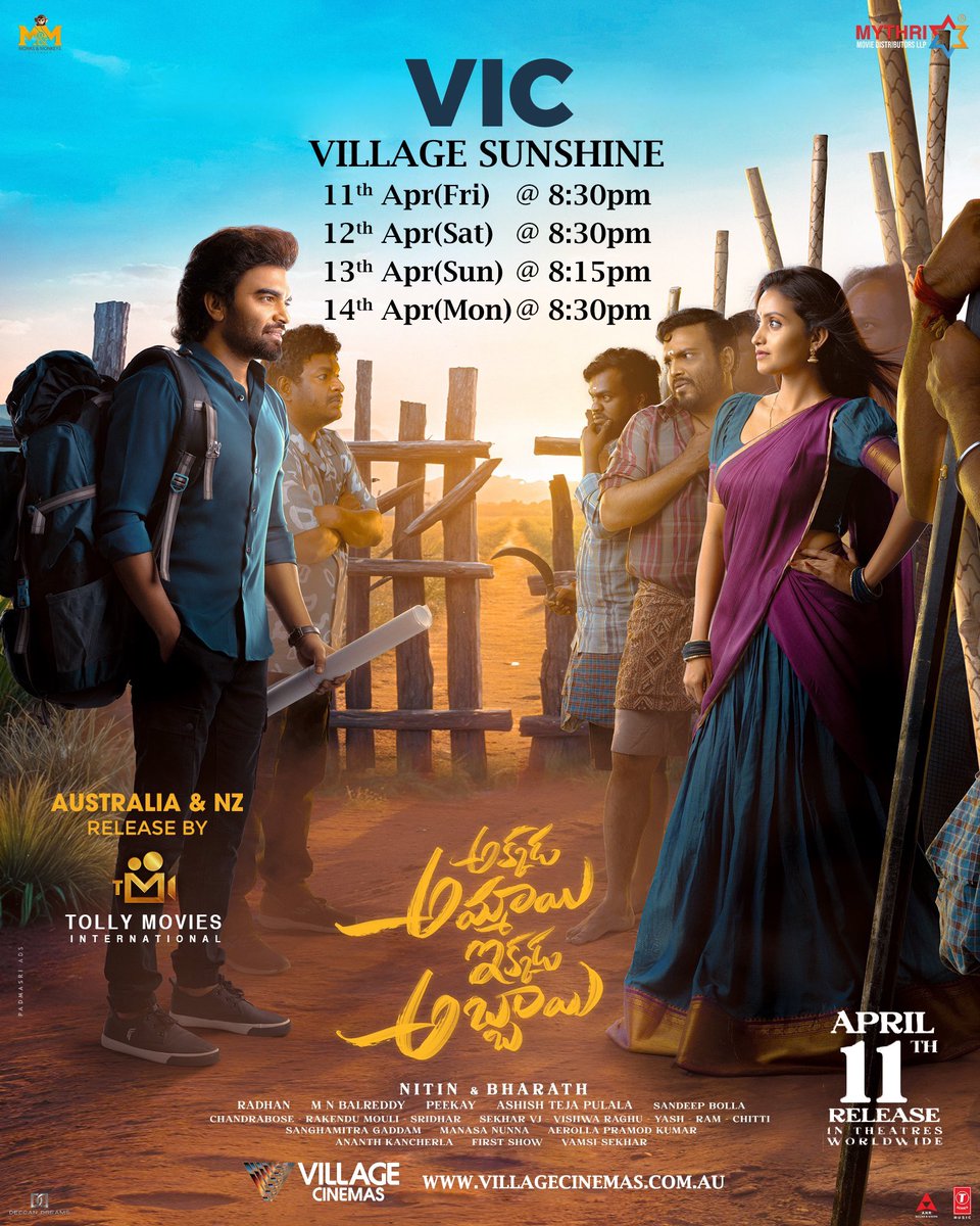 Tolly Movies (@tolly_movies) on Twitter photo #AkkadaAmmayiIkkadaAbbayi 👫Australia Schedule
A wholesome family entertainer that is the breezy watch for this summer ❤️🔥
Ticket bookings open Now 🤩
#AAIA GRAND RELEASE WORLDWIDE ON APRIL 11th.
<a href="/impradeepmachi/">Pradeep Machiraju</a> <a href="/deepikapilli_/">deepika pilli</a> <a href="/bharath3631/">Bharath</a> <a href="/getupsrinu3/">GETUPSRINU</a> <a href="/radhanmusic/">Radhan Music</a> #AkkadaAmmayiIkkadaAbbayi 👫Australia Schedule
A wholesome family entertainer that is the breezy watch for this summer ❤️🔥
Ticket bookings open Now 🤩
#AAIA GRAND RELEASE WORLDWIDE ON APRIL 11th.
<a href="/impradeepmachi/">Pradeep Machiraju</a> <a href="/deepikapilli_/">deepika pilli</a> <a href="/bharath3631/">Bharath</a> <a href="/getupsrinu3/">GETUPSRINU</a> <a href="/radhanmusic/">Radhan Music</a>
