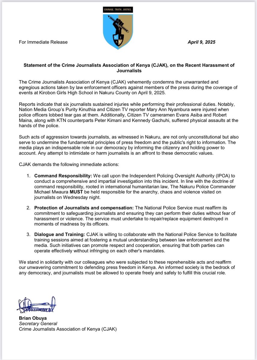 The Crime Journalists Association of Kenya vehemently condemns the unwarranted and egregious actions taken by law enforcement officers against members of the press during the coverage of events at Kirobon Girls High School in Nakuru County on April 9, 2025.