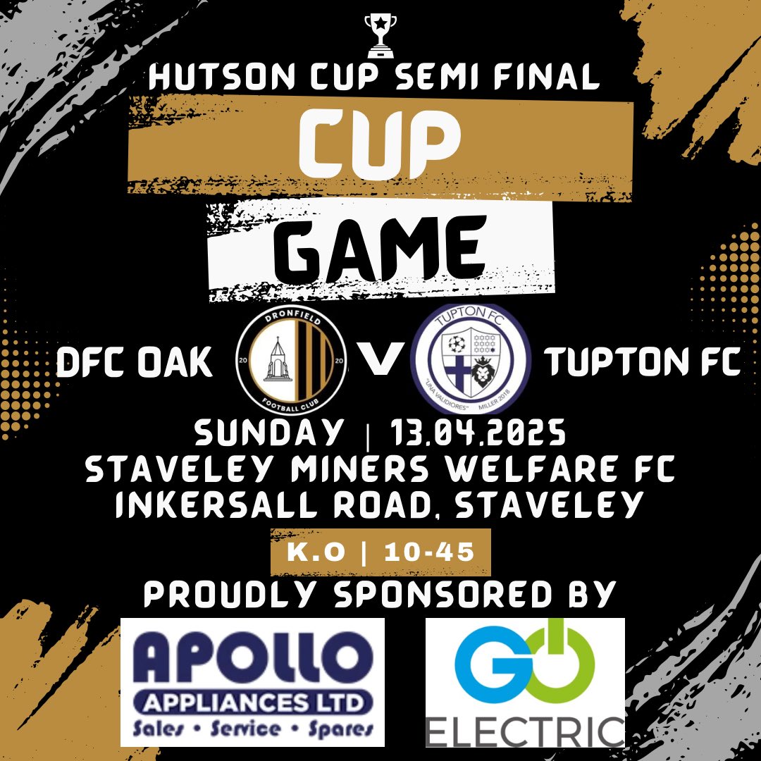 Oiiiiiii Oiiiiii semi final weekend 

Lads are in for a treat this weekend, semi final this weekend played at the amazing staveley miners welfare fc ground.
Lads have been on a run and a half and look forward to playing Tupton FC.
Admission is £2 for adults, £1 for concession