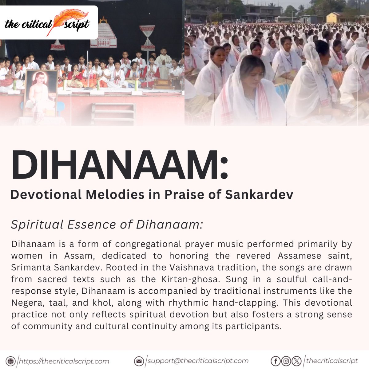 ScriptCritical's tweet photo. Dihanaam: A soulful tribute through devotional melodies honoring Srimanta Sankardev. Rooted in Assam’s rich Vaishnava tradition, this spiritual practice beautifully blends music, culture, and community.
#Dihanaam #SrimantaSankardev #AssamCulture #DevotionalMusic #VaishnavTradition #IndianSpiritualHeritage