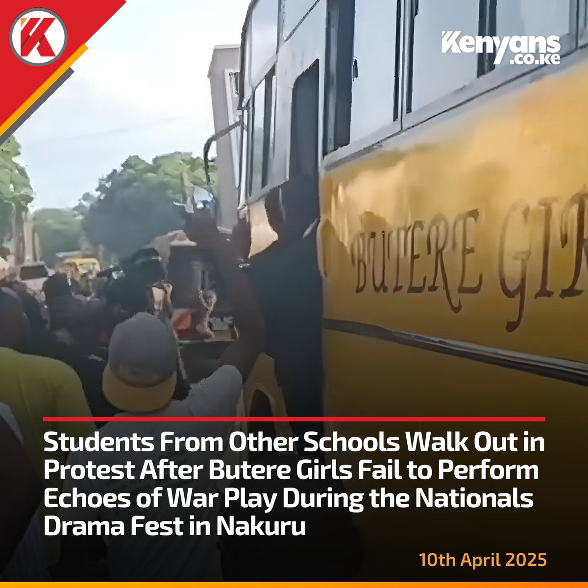 Students from other schools walk out in protest after Butere Girls fail to perform Echoes of War play during the Nationals Drama Fest in Nakuru