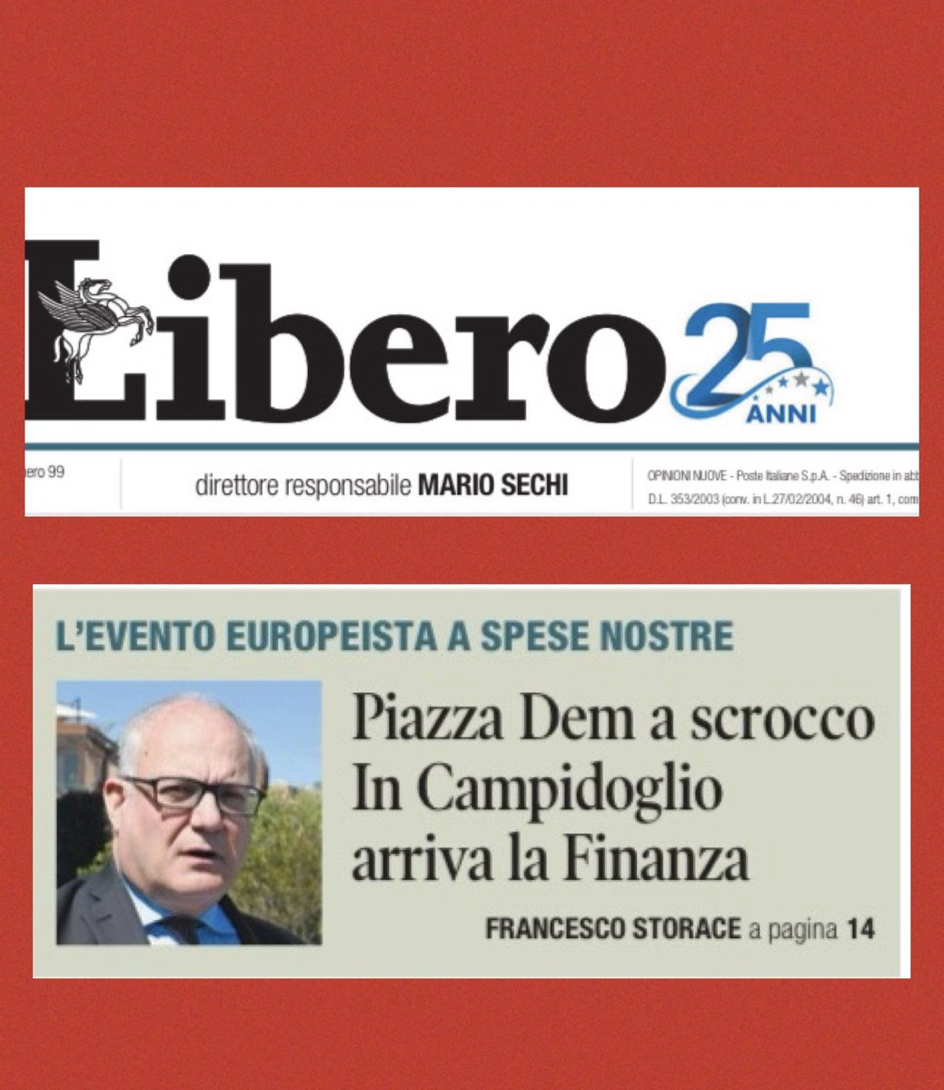 Storace's tweet photo. E su @Libero_official la notizia che la #CortedeiConti vuole sapere tutto sulla manifestazione rosso Europa di #Gualtieri https://t.co/nG4Zc5H7U5