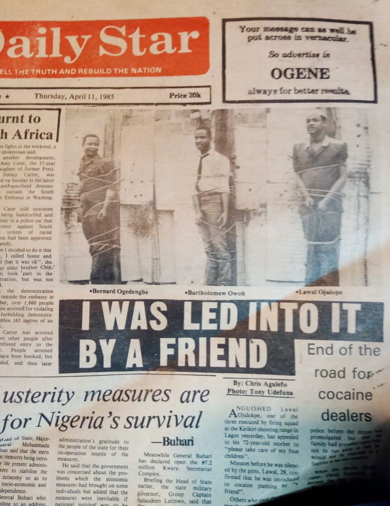 Today in History: Barth Owoh was Executed.

April 10, 1985: Bartholomew Owoh, Bernard Ogedengbe, and Lawal Ojuolape were executed by firing squad at Kirikiri shooting range in Lagos. General Buhari gave the order.

What was their crime? It's a Thread!

Retweet to educate someone