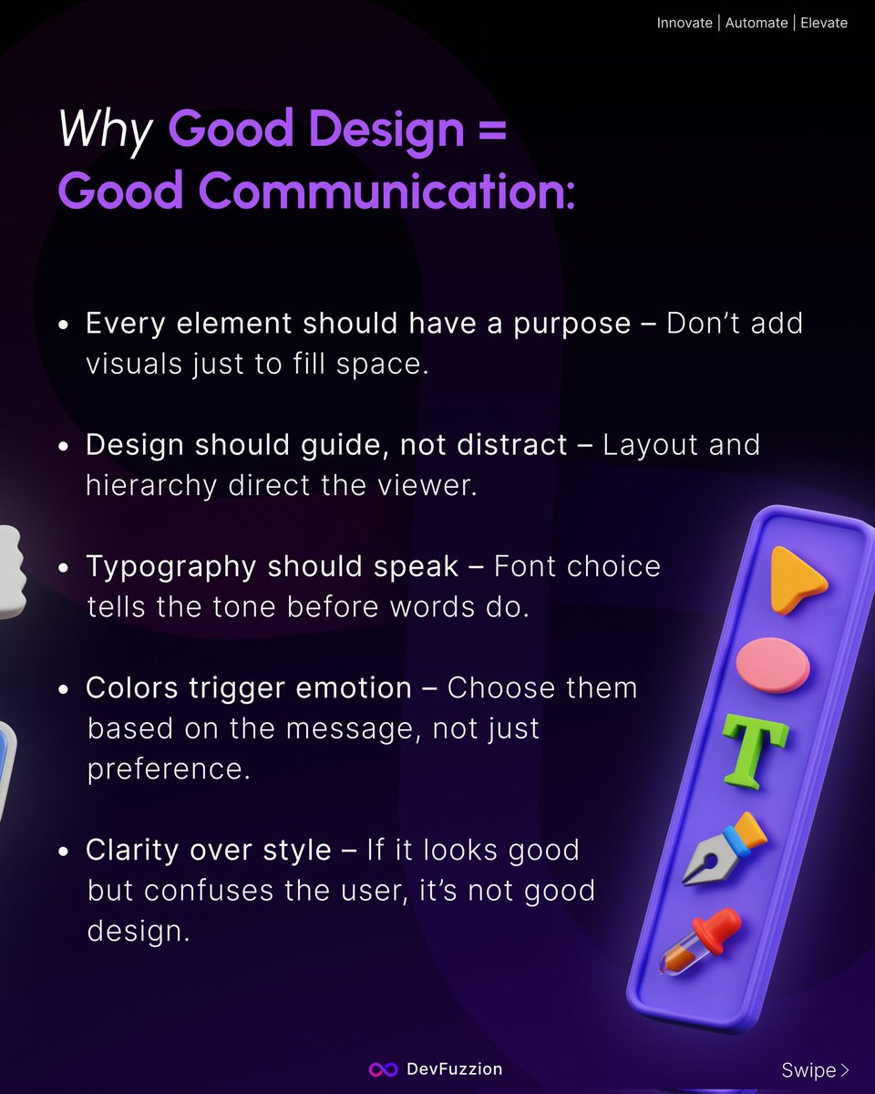 devfuzzion's tweet image. Design is not just decoration—it's communication.
Every font, color, and layout choice should serve a purpose. If your design isn’t guiding, informing, or connecting, it’s just noise.
Let your work speak clearly.
#graphicdesign #designprinciples #visualdesign #design #