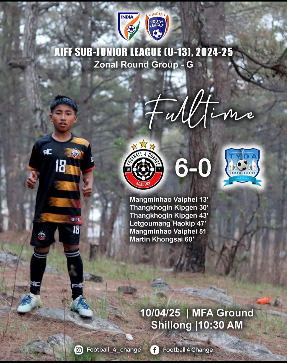 KLUNKIM's tweet photo. 💥Despite persecution and displacement , Kuki boys #Football4Change shine at AIFF Sub Junior League 2024-2025 thrashing Meitei's TAYA Club 0-6 at MFA Ground Shillong on 10/04/2025. Proud of you my boys,
#AIFFSubJuniorLeague25
#aiff
#F4C https://t.co/rYdK81D6AC