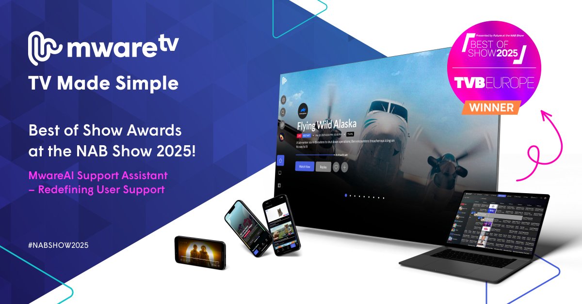 MwareTV's tweet photo. #TVBEurope today announced that @mwaretv won the Best of Show Awards at the NAB Show 2025 for its #MwareAI Support Assistant. 
The Assistant will empower users with a variety of options, for support, recommendations &amp; offerings

#NAB2025 #TVBEurope #mwaretv #tvmadesimple #ott #ai https://t.co/9T5gVEKcHt