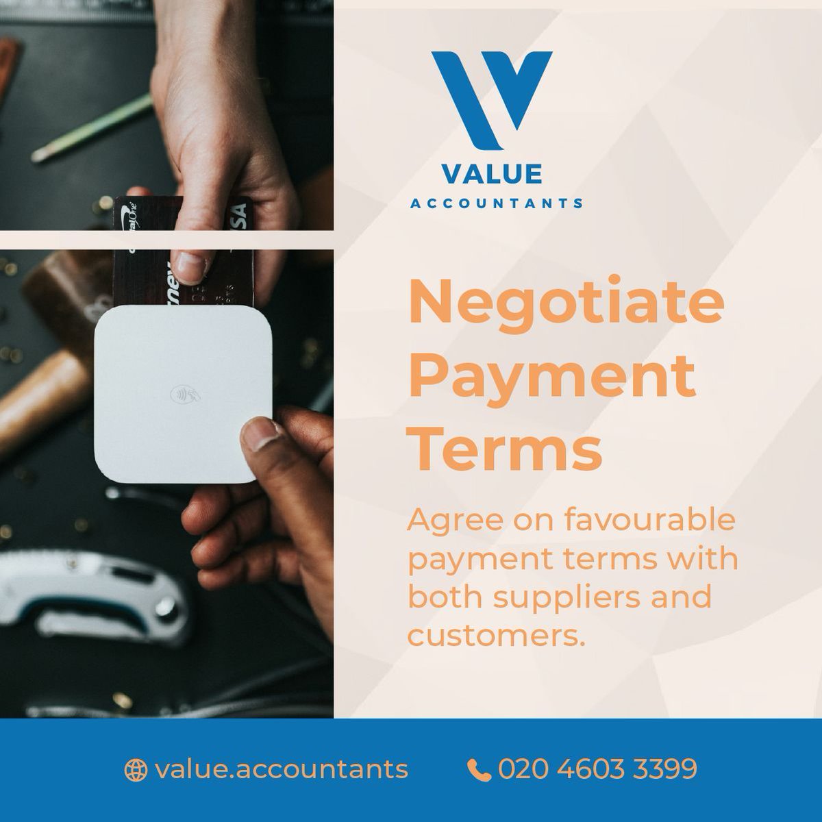 🚀 Cash flow savvy tip from Value Accountants! 📊 Extend supplier payment periods &amp; speed up customer payments to balance your cash books. 💼 Let us help you negotiate smarter, not harder. DM or call us today for top financial strategies! #SmallBiz #FinanceManagement 📞✨
