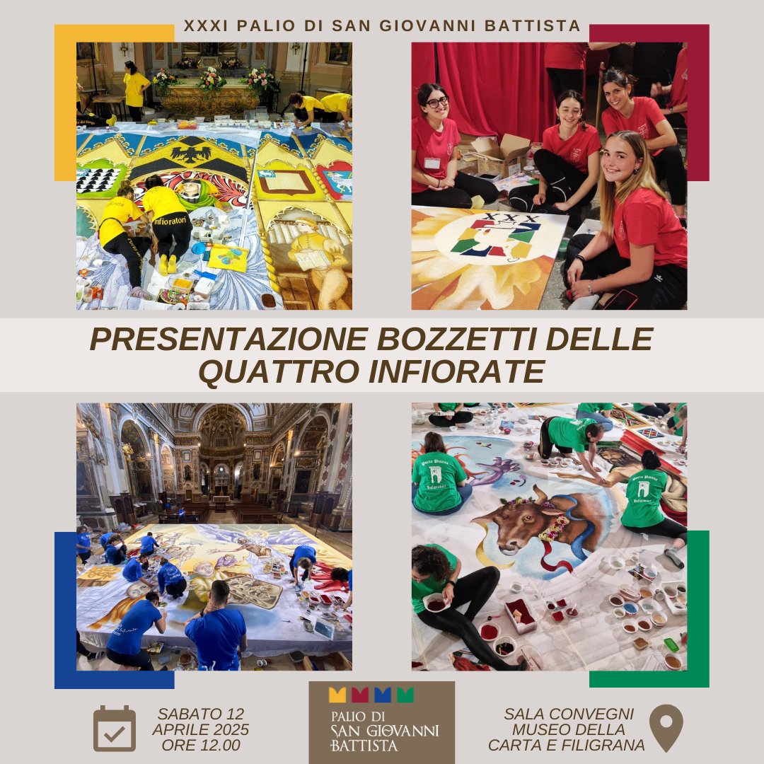 📣 𝗣𝗥𝗘𝗦𝗘𝗡𝗧𝗔𝗭𝗜𝗢𝗡𝗘 𝗕𝗢𝗭𝗭𝗘𝗧𝗧𝗜 𝗗𝗘𝗟𝗟𝗘 𝗤𝗨𝗔𝗧𝗧𝗥𝗢 𝗜𝗡𝗙𝗜𝗢𝗥𝗔𝗧𝗘 💛❤️💙💚 Madonna primavera s'è destata, ed è tempo per li artisti de le porte di mostrare le creazioni che i mastri infioratori con sapienti mani durante il Palio trasformeranno in opere.