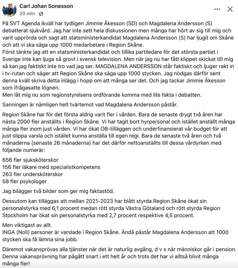 Magda var tydligen igång igår igen och ljög.
Har hon ingen som helst skam i kroppen?
Allt för makten, sant eller inte.
Tur att Åkesson satte henne på plats, och  här nedan kommer mer fakta på hur verkligheten ser ut, och den är inte som Magda påstod.
Sprid vidare!