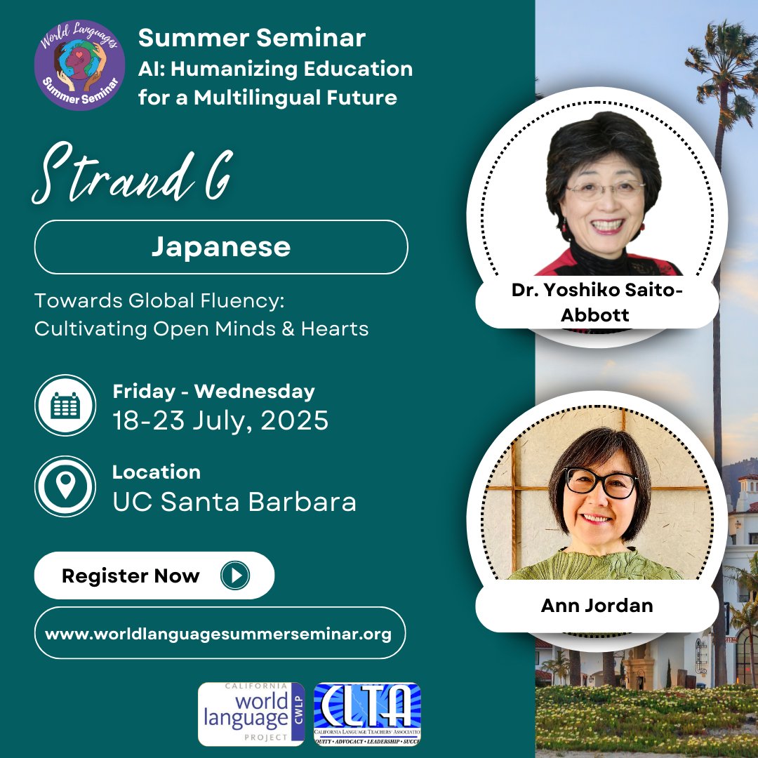 CLTAtweets's tweet photo. Join us @WLSumSem July 18th-23rd in beautiful Santa Barbara. For more information, please go to https://t.co/ihFEIRtwTF.

Strand G: Keep ai (love), empathy, and global connection at the heart of your Japanese classroom! In this workshop, design unit plans inspired by the UN Sustainable Development Goals to build intercultural fluency and communication skills. 🌏 Create ACTFL-aligned lessons that spark critical thinking and connect learners to local and global issues.