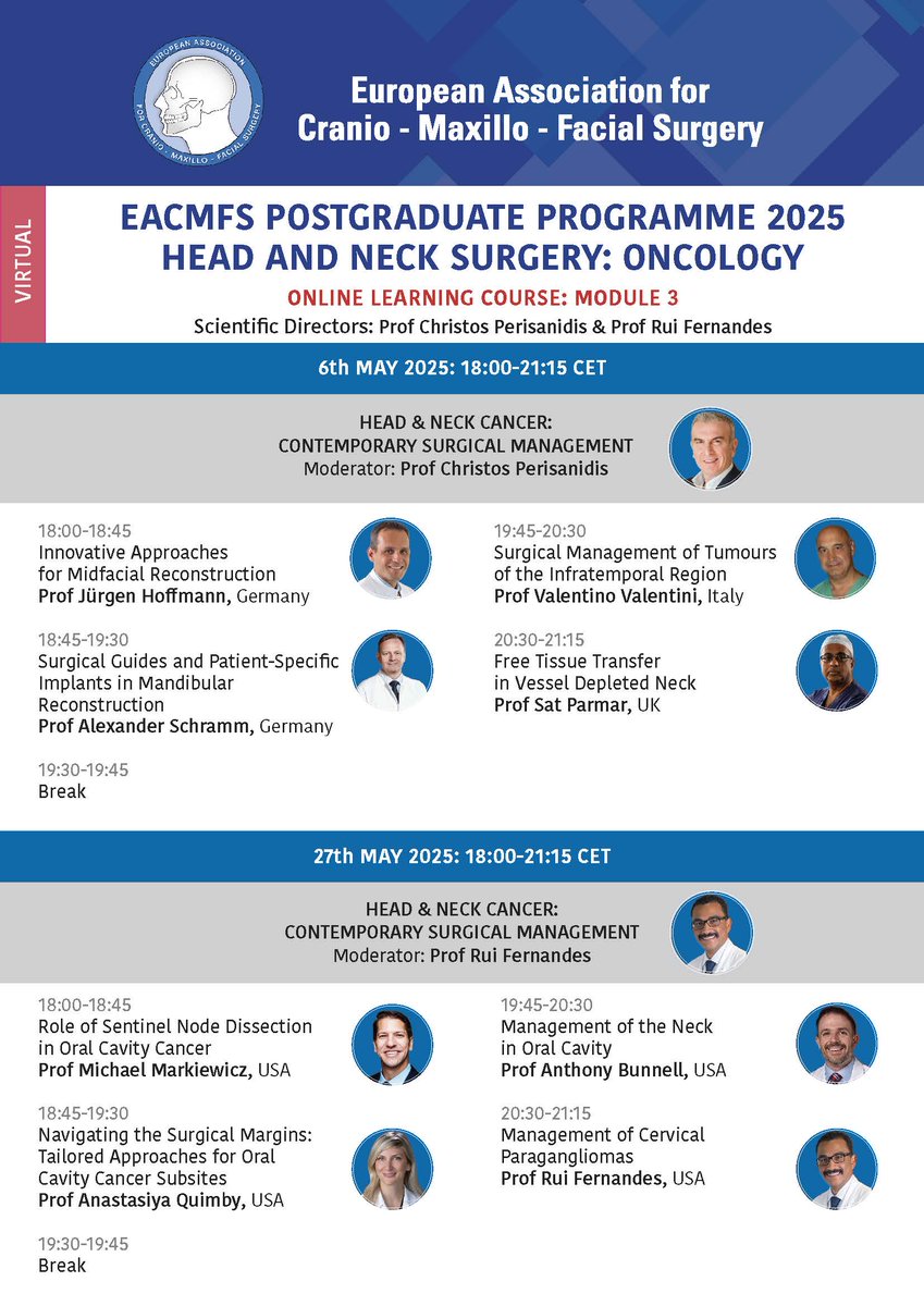 eacmfs_org's tweet image. Save the dates: May 6th and May 27th. Module 3. Contemporary surgical management. Only in our Postgraduate Course  on Head and Neck: Oncology.  #PostgraduateCourse #Oncology #HeadAndNeckCancer #eacmfs #maxillofacialsurgery