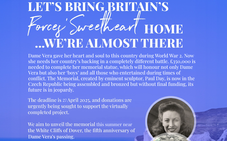 DvlMemorial's tweet photo. URGENT APPEAL
 We need your help to raise funds to complete the memorial to Dame Vera Lynn . We still need £350,000 to complete the memorial and bring it home to a venue near the White Cliffs of Dover. Any contribution will be much appreciated - https://t.co/glelxF7hfC https://t.co/1O4VxUudDE