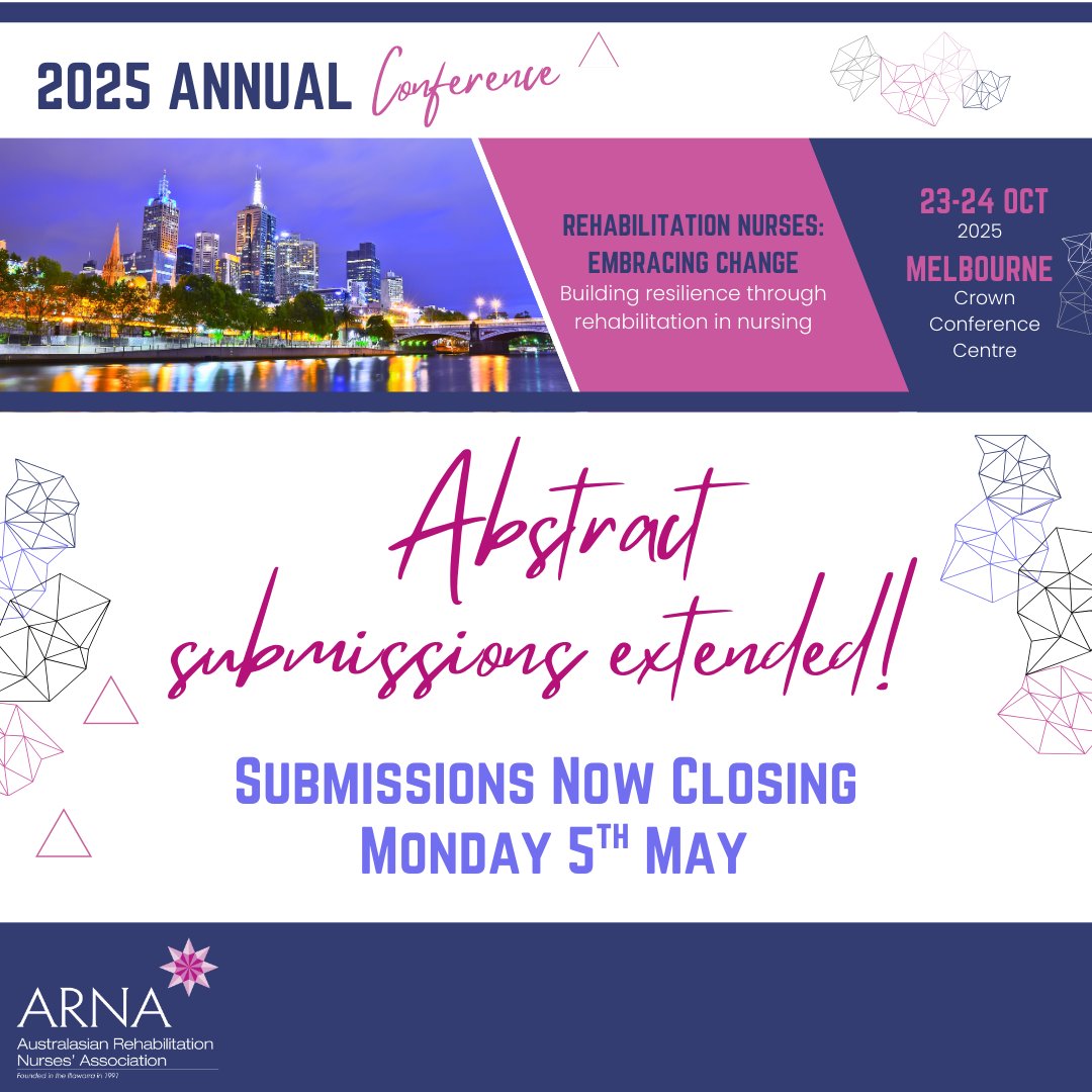 Great news! The abstract submission deadline for the 2025 ARNA Conference has been extended to Monday 5th May 2025 (COB)
We encourage both new &amp; experienced presenters to take action &amp; submit their abstract today
dg.eventsair.com/arna2025/abstr…
#ARNACon25 #Melbourne #rehabilitationnurses