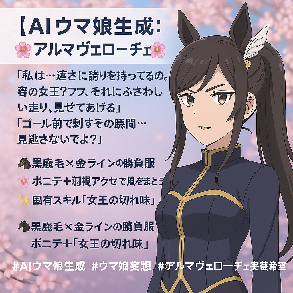 【🌸AIウマ娘生成：アルマヴェローチェ🌸】  「私は…速さに誇りを持ってるの。 春の女王？フフ、それにふさわしい走り、見せてあげる」 「ゴール前で刺すその瞬間…見逃さないでよ？」   #AIウマ娘生成 #ウマ娘妄想 #アルマヴェローチェ #ChatGPT #AIイラスト #AI競馬予想