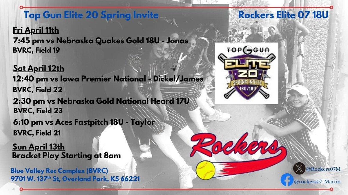 Excited to get our 2025 season started! Here’s our schedule for the weekend in the Top Gun Elite 20 Spring Invite. 
<a href="/TopGunEvents/">Top Gun Events</a> <a href="/Rockers07M/">Rockers07-Martin</a>