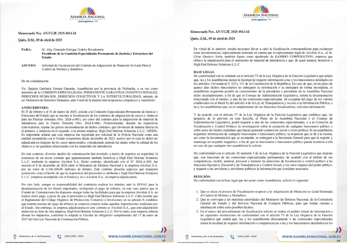 EGuzmanurresta's tweet photo. 🚨¡Otra contratación bajo la sombra de la irregularidad!
El Ministerio de Defensa vuelve a estar en el ojo del huracán. El contrato adjudicado el 9 de diciembre de 2024 por 6.346.200,00 USD a Alcolisti S.A. presenta serias dudas. La experiencia del proveedor se atribuye a High End Defense Solutions L.L.C., una empresa declarada incumplida con el Estado, y no a la adjudicataria oficial.
Es pertinente que la Comisión de @JusticiaAN inicie el proceso de Fiscalización respecto a la Adquisición de Munición no Letal Destinada al Control de Motines y Disturbios con Alcolisti S.A. y solicite información a: 
✅Ministerio de Defensa 
✅SERCOP
✅Contraloría General del Estado
✅Superintendencia de Compañías, Valores y Seguros
Ecuador merece transparencia y rendición de cuentas.