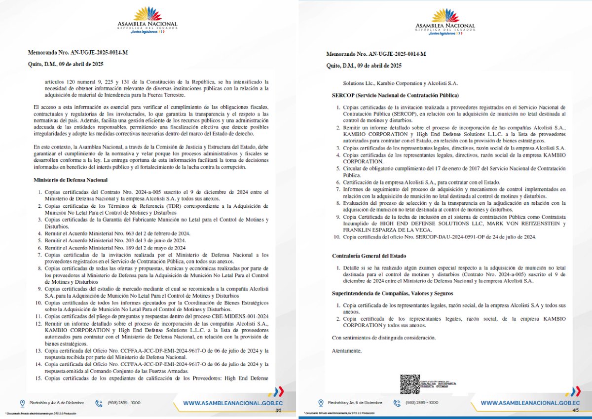 EGuzmanurresta's tweet photo. 🚨¡Otra contratación bajo la sombra de la irregularidad!
El Ministerio de Defensa vuelve a estar en el ojo del huracán. El contrato adjudicado el 9 de diciembre de 2024 por 6.346.200,00 USD a Alcolisti S.A. presenta serias dudas. La experiencia del proveedor se atribuye a High End Defense Solutions L.L.C., una empresa declarada incumplida con el Estado, y no a la adjudicataria oficial.
Es pertinente que la Comisión de @JusticiaAN inicie el proceso de Fiscalización respecto a la Adquisición de Munición no Letal Destinada al Control de Motines y Disturbios con Alcolisti S.A. y solicite información a: 
✅Ministerio de Defensa 
✅SERCOP
✅Contraloría General del Estado
✅Superintendencia de Compañías, Valores y Seguros
Ecuador merece transparencia y rendición de cuentas.