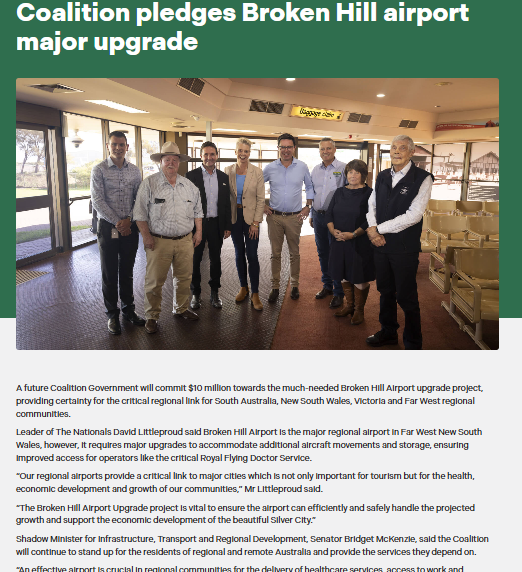 Good news from the federal election trail for Broken Hill...

The Coalition has pledged $10 million to upgrade the Broken Hill Airport.

We've been advocating for ongoing funding for regional aviation infrastructure. More: ow.ly/5CZ650VxSv1.

<a href="/senbmckenzie/">Senator The Hon. Bridget McKenzie</a> <a href="/CatherineKingMP/">Catherine King MP</a>