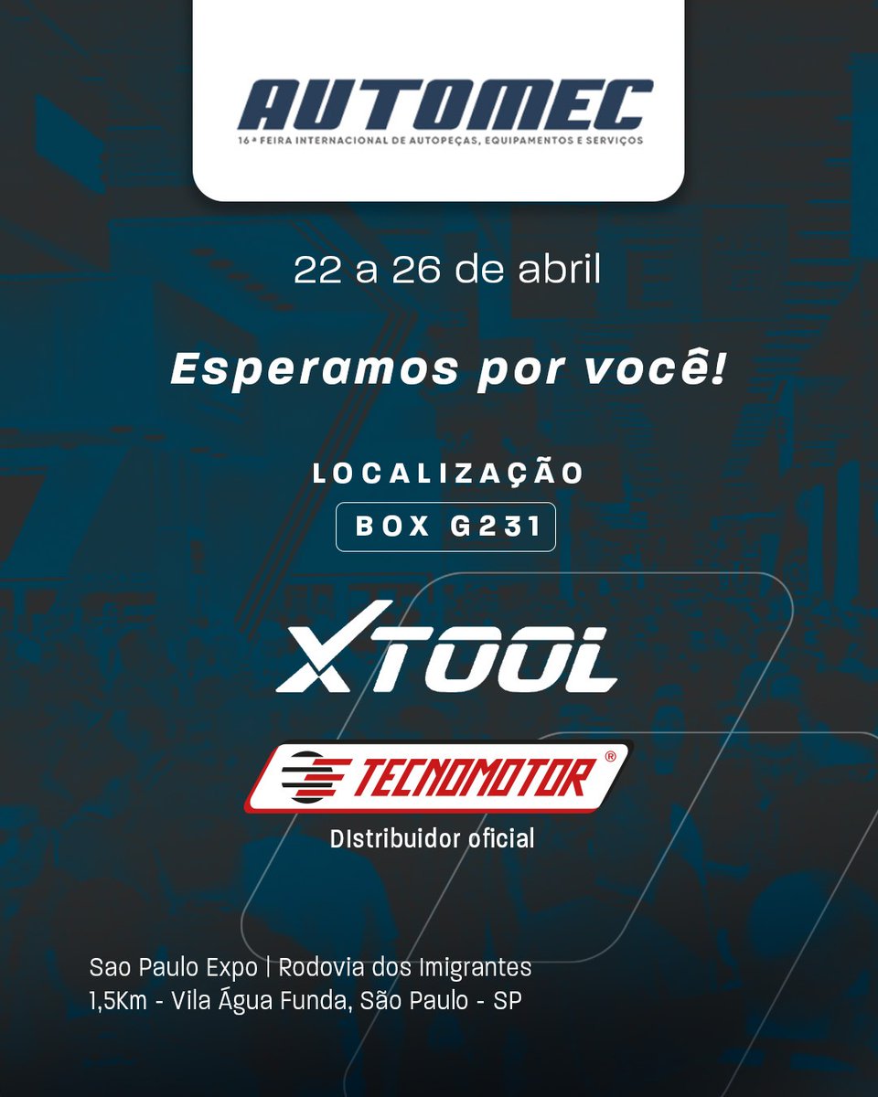 XtoolTech2010's tweet image. 🇧🇷 XTOOL is heading to AUTOMEC 2025 in São Paulo!
📍 Booth G231 | Apr 22–26
Join us &amp;amp; Tecnomotor for the latest in automotive diagnostics. See you there! 🔧🚗
#XTOOL #AUTOMEC2025 #Tecnomotor #CarDiagnostics #BrazilExpo #SaoPaulo