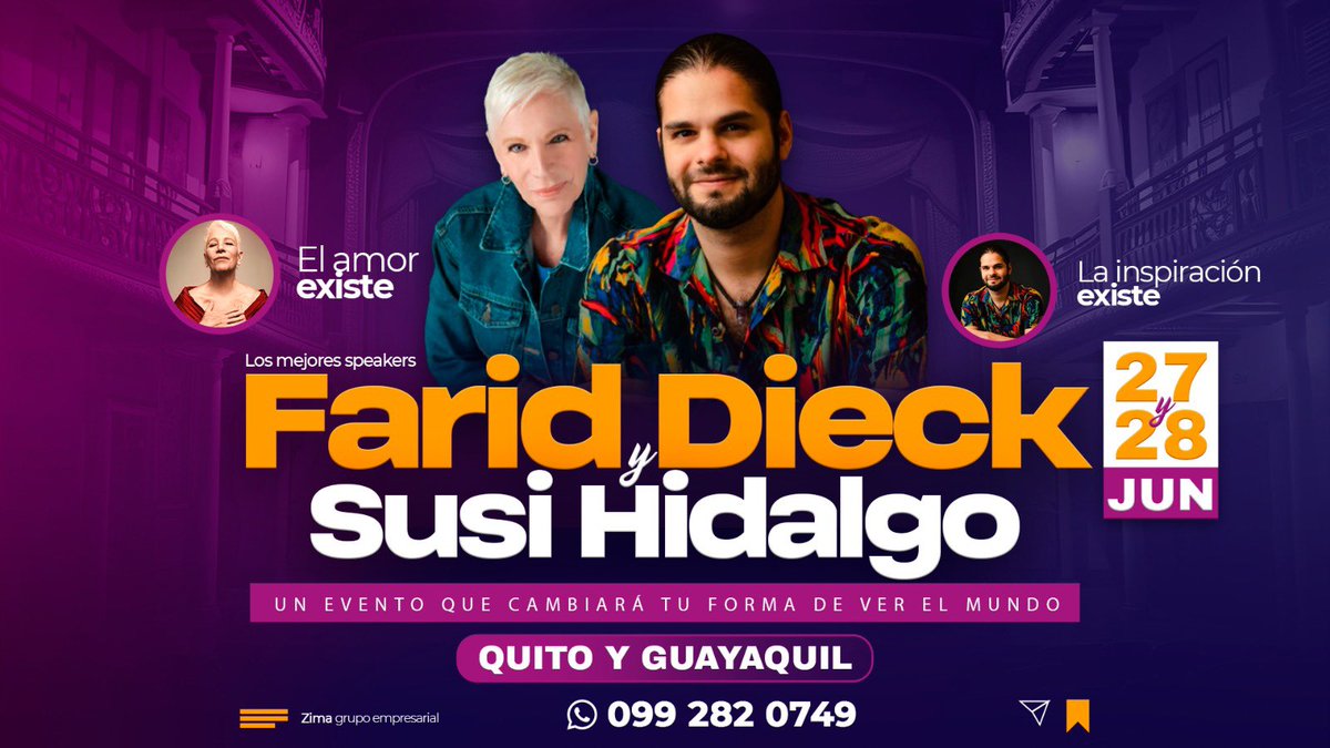 SusiHidalgo's tweet image. FARID DIECK &amp;amp; SUSI HIDALGO EN ECUADOR

Una experiencia para el alma:
La muerte. El amor. El sentido. El ser.
Temas que a todos nos atraviesan, pero pocos nos atrevemos a explorar.

Este 27 de junio en Guayaquil (Mall del Río) y 28 de junio en Quito (Hotel Hilton Colón)