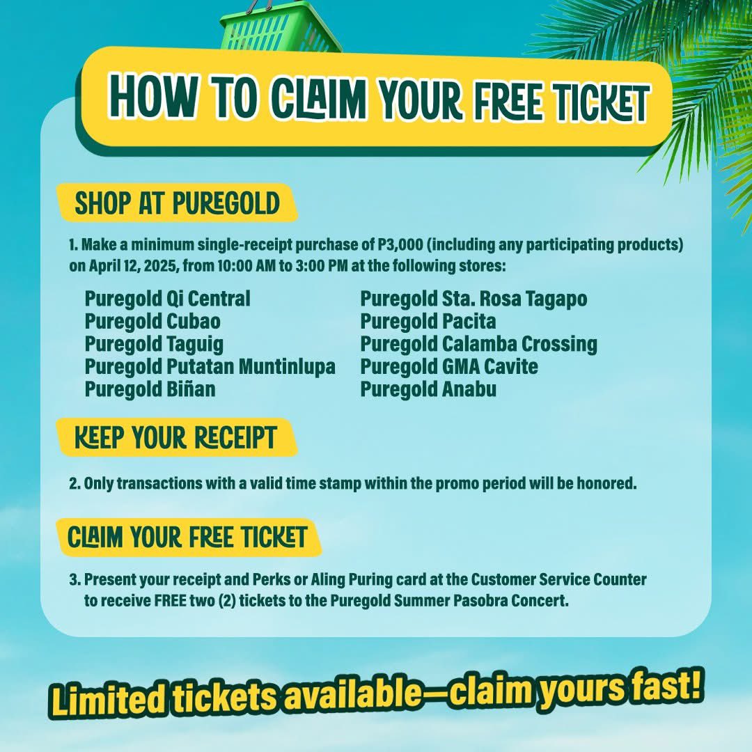 Puregold_PH's tweet photo. Puregold Summer Pasobra goes to Enchanted Kingdom! 🌞🪄
Get ready for an exclusive magical day ✨
Join us for the pasobra at panalong culminating event at Enchanted Kingdom – Sta. Rosa, Laguna!
When: April 25, 2025 (Friday)
Where: Spaceport Zone, Enchanted Kingdom
Park Opens: 11:00 AM
Concert Starts: 4:00 PM onwards
What to expect:
✔️ FREE CONCERT
✔️ FREE Entrance
✔️ FREE Ride-All-You-Can
✔️ FREE Sampling from your favorite brands
Join us for this one-of-a-kind summer pasobra! For tickets, see guidelines below.
Kitakits, mga ka-Puregold! 💚
#PuregoldSummerPasobra #AlingPuring #PuregoldPerks #EnchantedKingdom