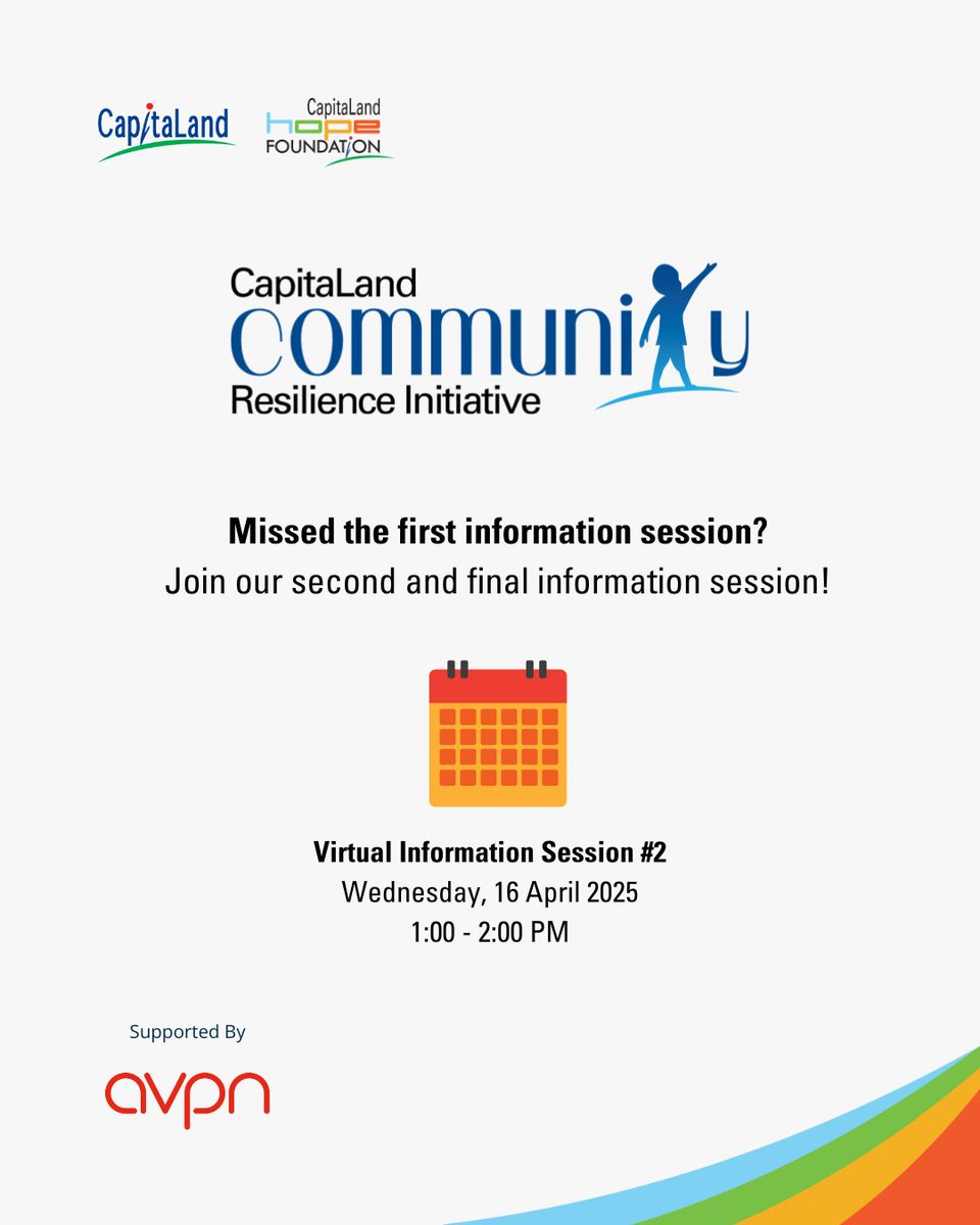 avpn_asia's tweet photo. The @CapitaLand Community Resilience Initiative, a SGD 3 million initiative supported by AVPN, is dedicated to strengthening community resilience. Missed our first info session? 

Join the next session to get all the details about the application process! https://t.co/WizWu1sH34