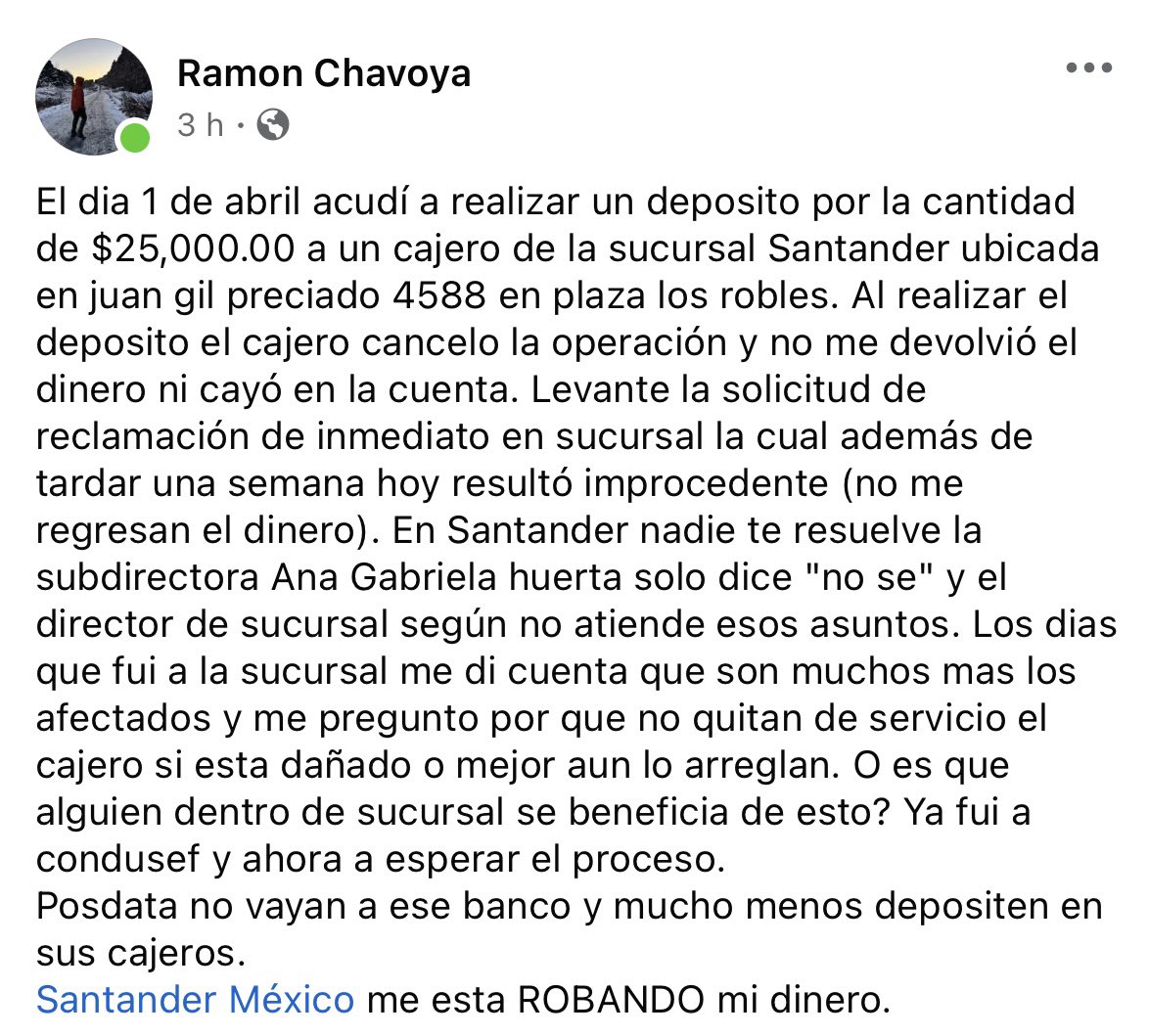 ZuryAlaves's tweet photo. El día de hoy nos dicen que es improcedente nuestra aclaración siendo que el día1abril cuando se hizo el depósito en el cajero que no devolvió el dinero,se encontraba un ejecutivo y cámaras de seguridad las cuales no quisieron ser revisadas @SantanderMx @CondusefMX @condusef_jal https://t.co/427AHiAkru