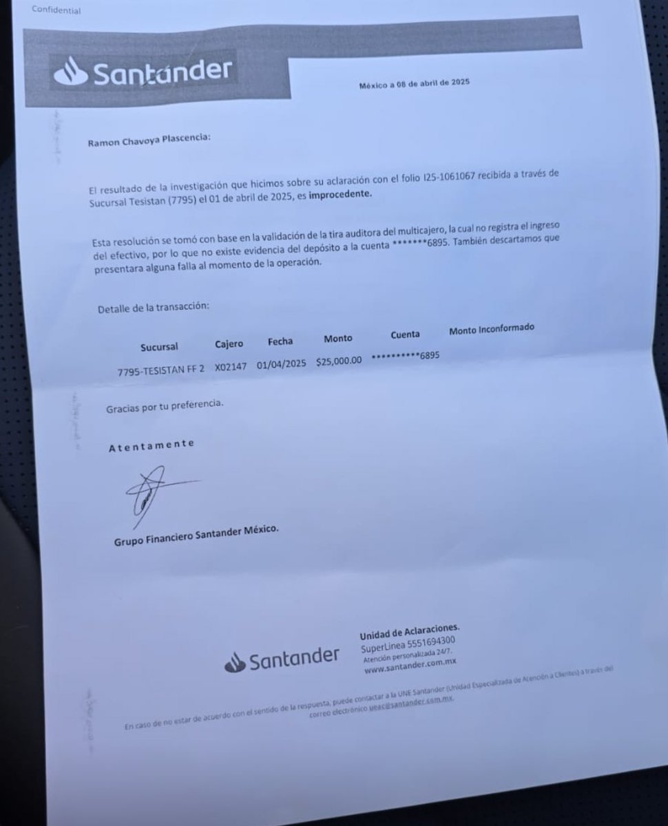 ZuryAlaves's tweet photo. El día de hoy nos dicen que es improcedente nuestra aclaración siendo que el día1abril cuando se hizo el depósito en el cajero que no devolvió el dinero,se encontraba un ejecutivo y cámaras de seguridad las cuales no quisieron ser revisadas @SantanderMx @CondusefMX @condusef_jal https://t.co/427AHiAkru