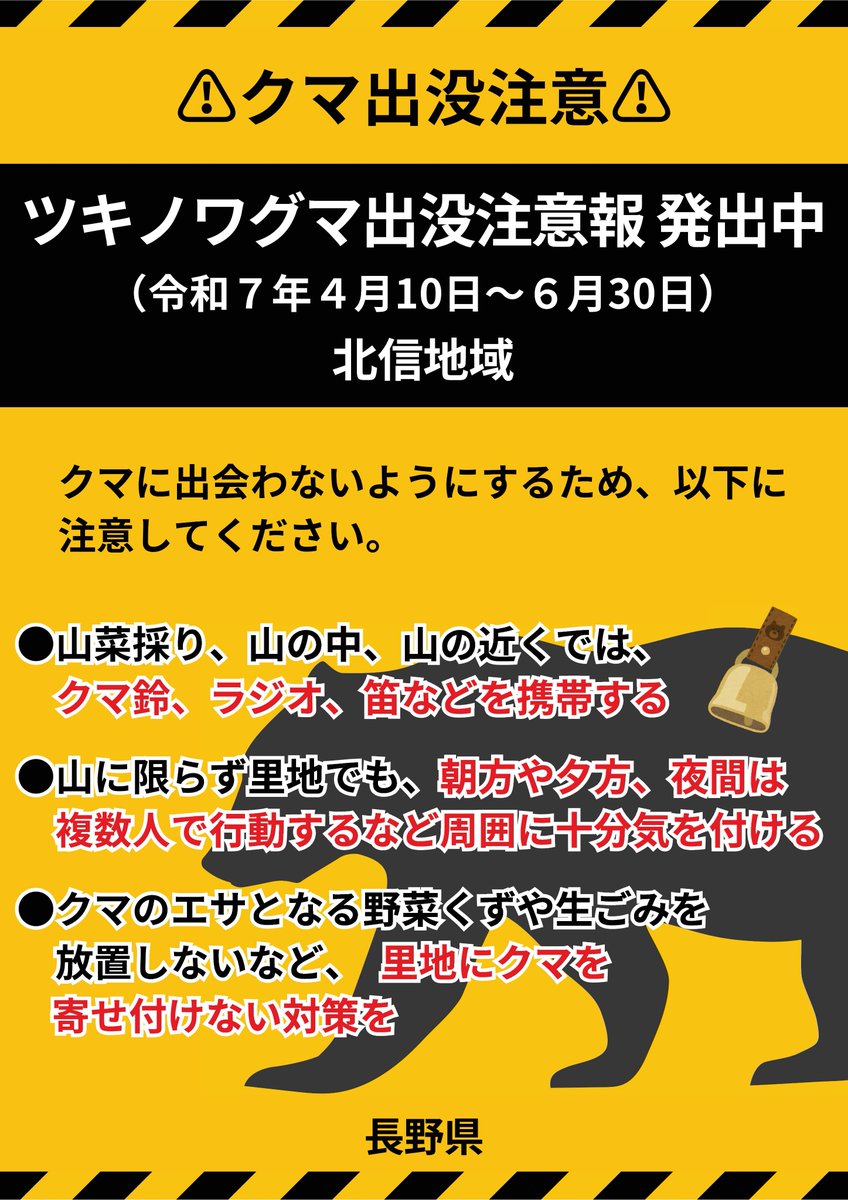 mori_nagano's tweet photo. 【冬眠明けのクマに注意！】
　クマによる人身被害の発生を受け、北信地域を対象に「ツキノワグマ出没注意報」を発出しています。
　北信地域では一層の注意をいただくとともに、それ以外の地域でも山に入る際や山の付近ではクマ鈴等を携帯し、朝夕の行動を避けるなどの注意をお願いします。 https://t.co/HZ9IjhzFKD