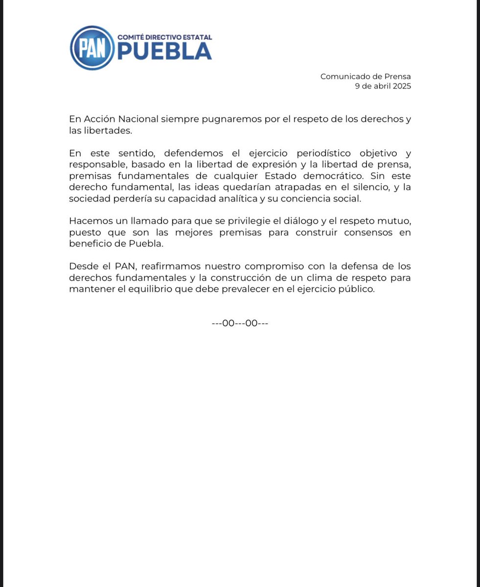 En relación a los recientes hechos, desde el <a href="/PANPuebla2427/">PAN Puebla</a> manifestamos lo siguiente:

En Acción Nacional 🔵 defendemos el ejercicio periodístico objetivo y responsable, basado en la libertad de expresión y la libertad de prensa. 📰 🎙️