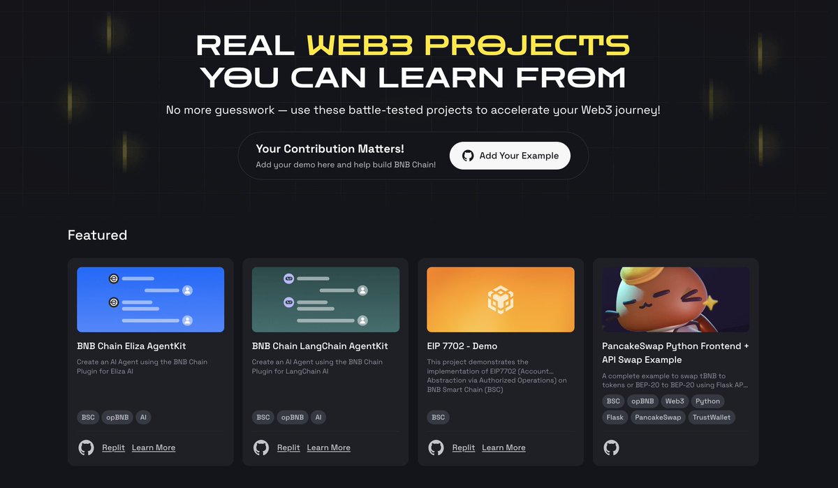 BNBCHAIN's tweet photo. Building on BNB Chain? Start faster.

Explore the Example Hub for plug-and-play examples to speed up your dev process—and if you’ve built something cool, contribute it to help others build better too 👇 

🔗 https://t.co/MXDJJdJjEX https://t.co/oV7pyJbl4j