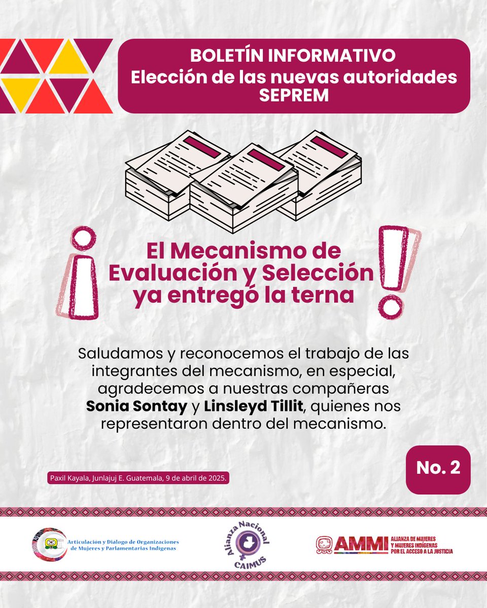 AlianzaMMI's tweet photo. #BoletínInformativo
👏El Mecanismo de Evaluación y selección de las nuevas autoridades de la #SEPREM ya entregaron las ternas!!!
Ahora, es el Presidente @bernardoarevalogt quien analizará los expedientes nombrar a las mujeres idóneas para Secretaria y Subsecretaria de la #SEPREM https://t.co/SEGpB73QRB