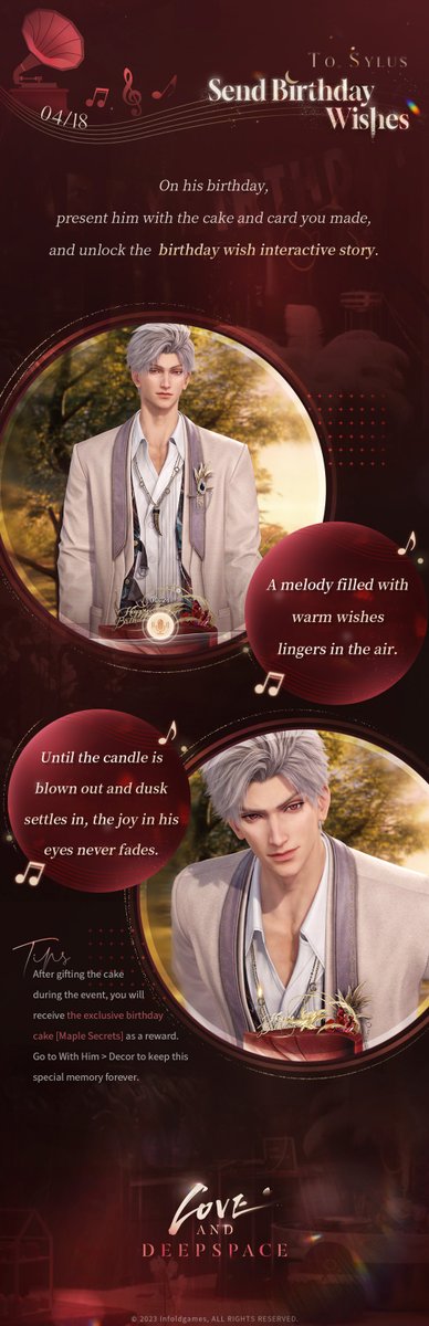 There are too many secrets on Onychinus's Leader. Even the date of his birthday remains a mystery in N109 Zone!
Figure out his birthday date, and listen to his wishes in the maple grove.
Sylus's birthday event is here!

Participate in the event to claim his birthday-exclusive