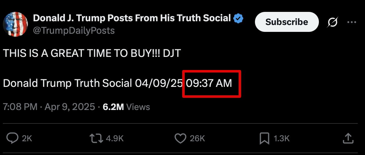 sahilbhadviya's tweet photo. What Trump did yesterday was the biggest  manipulation in the history of stock market.

At 9:37 am he sent a buy call.
At 1:19 pm he paused the tariff.

Nasdaq zoomed 12%. 

In this entire saga of last few weeks, Trump and his allies would have minted money that couldn't be ever imagined!

Would like to know SEBI thoughts on this pls 😁
