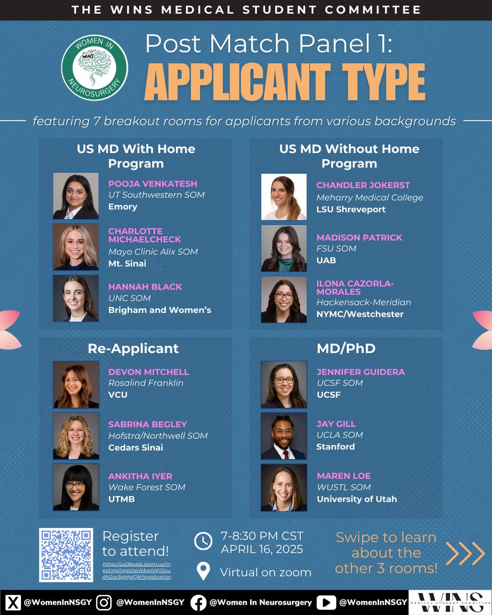 WomenInNSGY's tweet image. Congrats to everyone who matched into #neurosurgery! 🧠 Future applicants—join WINS and 20 student panelists for Part 1 of our virtual post-match series. Hear from MD, DO, IMG, re-applicant, research-year &amp;amp; MD/PhD students! #Match2025 #WINS