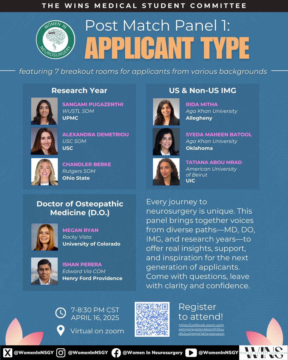 Congrats to everyone who matched into #neurosurgery! 🧠 Future applicants—join WINS and 20 student panelists for Part 1 of our virtual post-match series. Hear from MD, DO, IMG, re-applicant, research-year &amp; MD/PhD students! #Match2025 #WINS