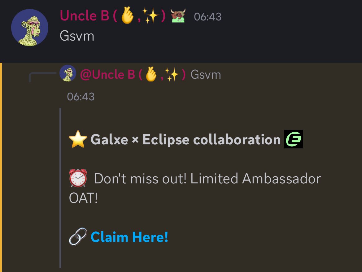 0xUncleB's tweet photo. 🚨🚨🚨🚨🚨 Scam alert 

Beware of scam links on Eclipse Discord.

In the Gsvm Discord Eclipse section, if you leave a message, a message containing a scam link will be replied to. Be careful and do not click on the link.
@Alucard_eth @goatnataaaaa @EclipseFND https://t.co/IcTCAhLI3M