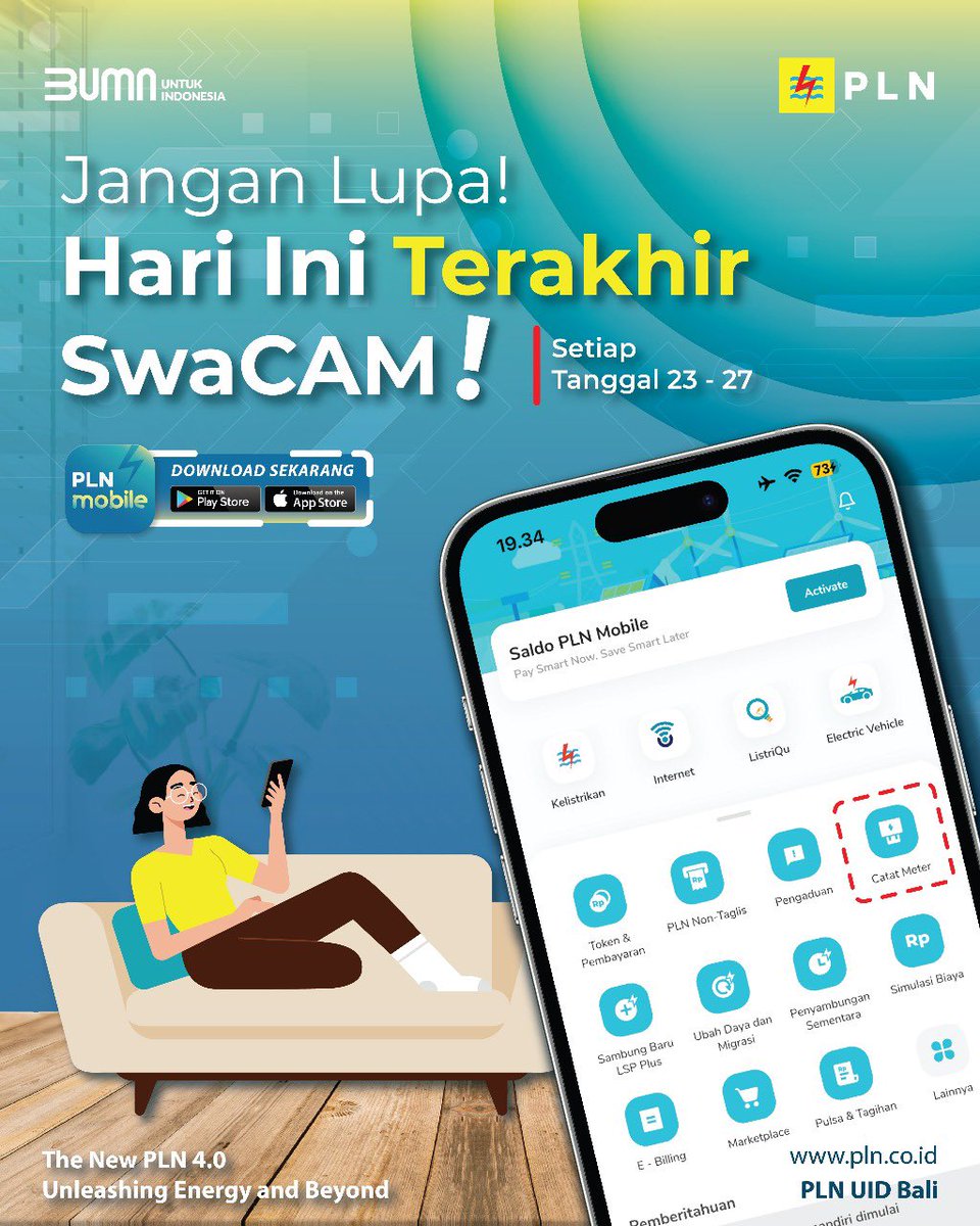 achiecharming's tweet image. Hai, Semeton Electrizen

Cuma mau mengingatkan nih, kalau hari ini hari terakhir periode SwaCam. Yuk, foto kWh meter di rumah dengan menggunakan fitur SwaCam di aplikasi PLN Mobile.

Belum download PLN Mobile juga? Download sekarang ya...
#PLNMobile #PLNUIDBali #PLN