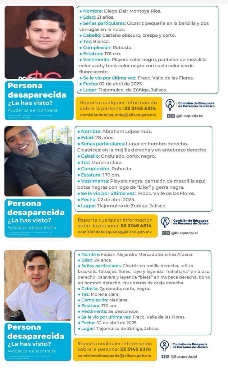 JaliscoRojo's tweet photo. Continúan ola de desapariciones masivas en Jalisco.
El 02 de Abril desaparecieron 3 jóvenes en la colonia Valle de las flores en Tlajomulco y 06 de Abril desaparecieron 4 jóvenes en Encarnación de Díaz.
 7 jóvenes desaparecidos en una semana en solo dos hechos. https://t.co/tdt4PUHRj3
