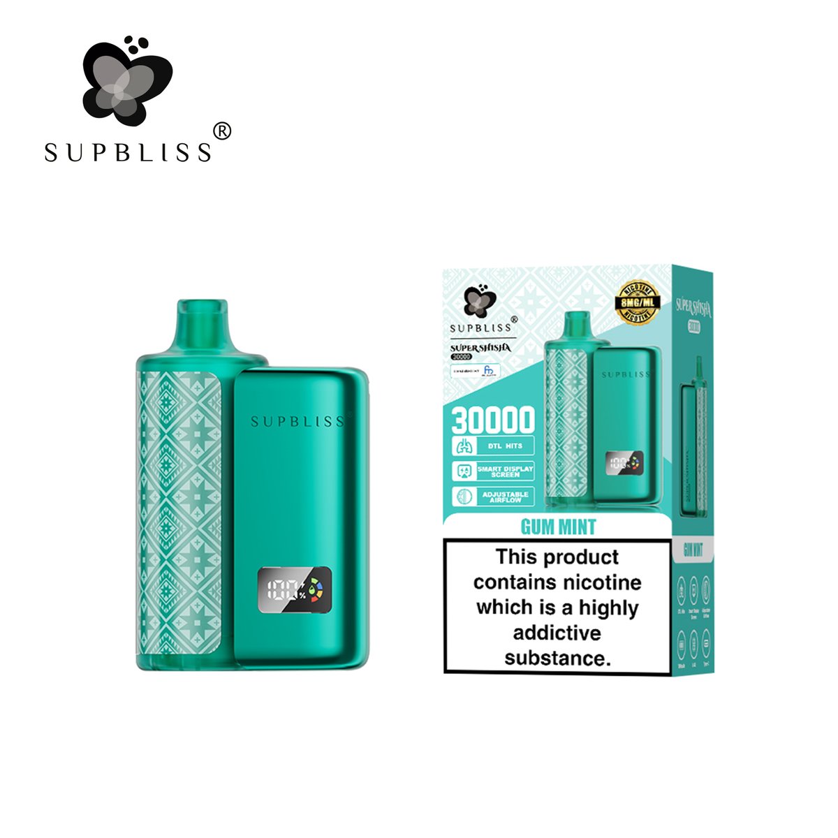 Supblissvape's tweet photo. Gum Mint Flavor: Mint to Be Chewed, Meant to Be Vaped.🌿✨

👮 WARNING: This product is intended to be used with e-liquid products containing nicotine. Nicotine is an addictive chemical for adults (21+) only

#Supblisss #SuperShisha30K #Gummint #VapeLife #Crispandsweet #chillyice https://t.co/SwvGnQg4Un