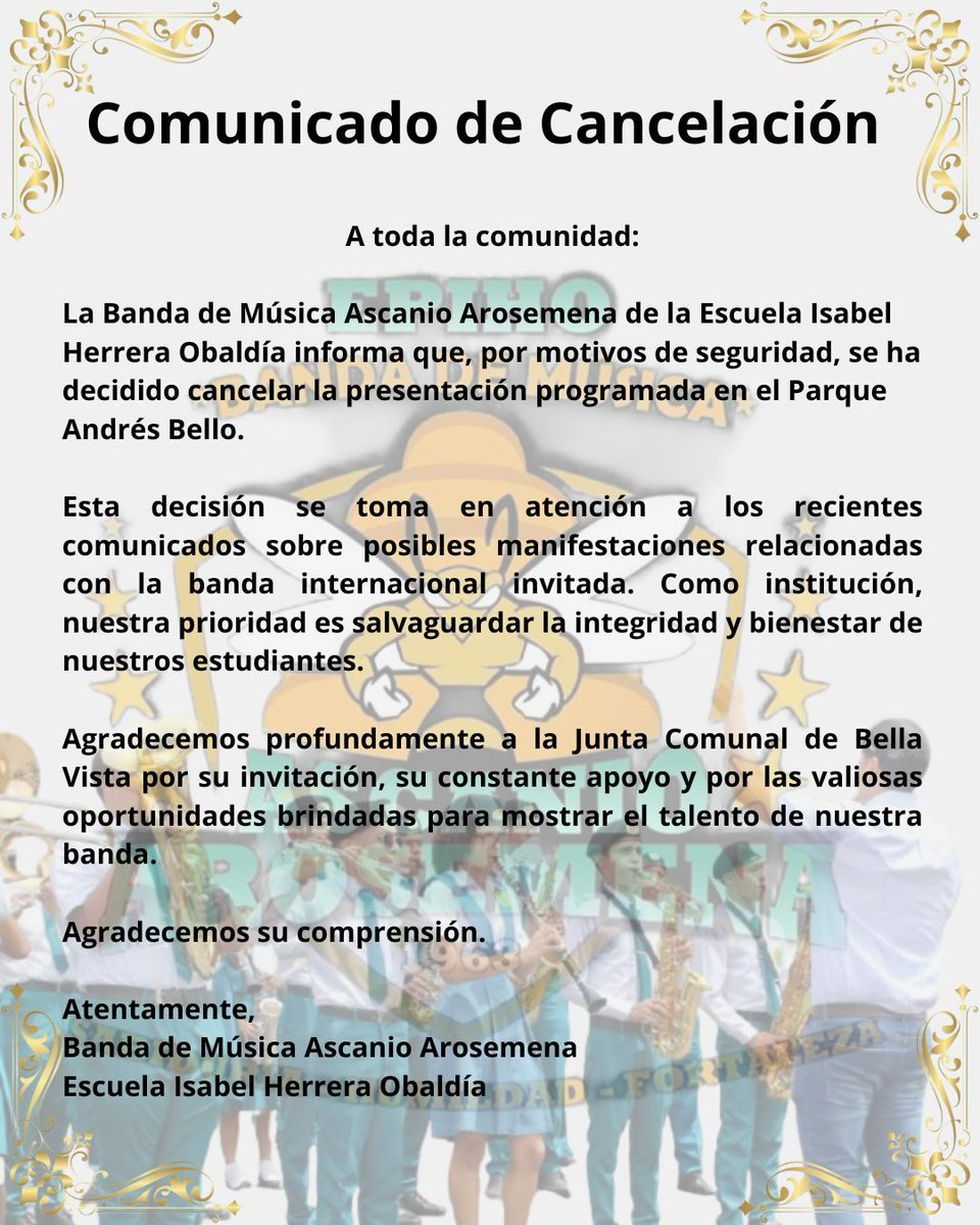 Logramos cancelar la participación de la Banda de Música de Escuela Profesional Isabel Herrera Obaldia. Parece se les cayó el encuentro de vendepatrias. A ver et nwu>o