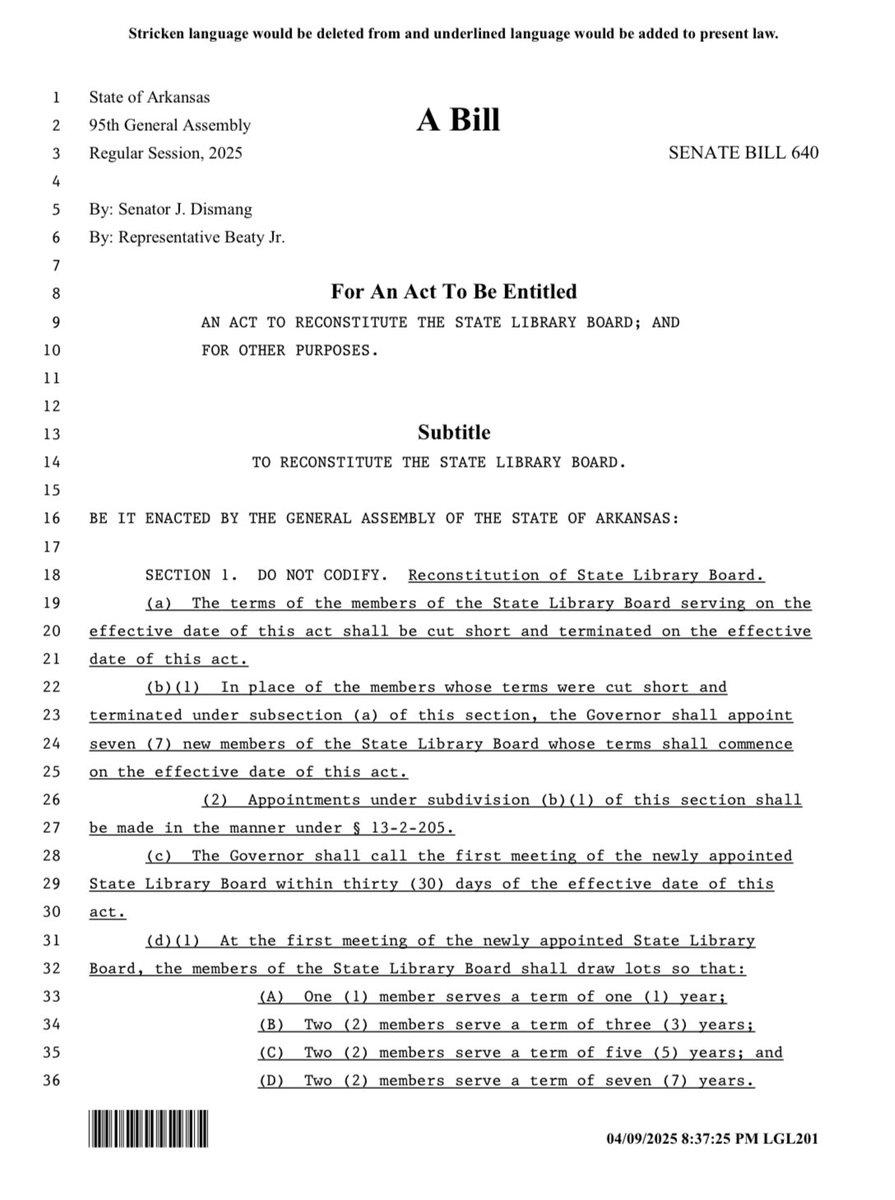 New HORRIBLE library bill just filed.

This would fire every member of the State Library Board and allow <a href="/SarahHuckabee/">Sarah Huckabee Sanders</a> to reappoint them.

Ironically, this bill would also fire Jason Rapert, SHS’s own Library Board appointee 🤡