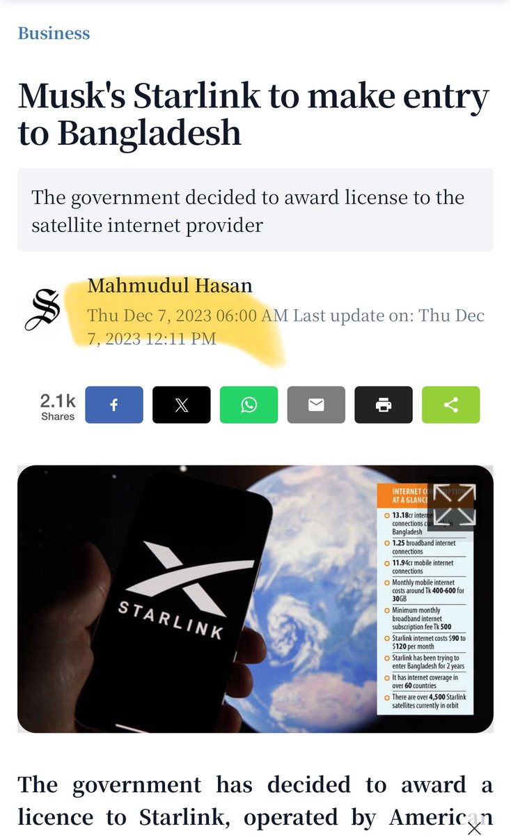 aerojihan's tweet photo. In 2023, Starlink came to Bangladesh for business. The @albd1971 government agreed to grant Starlink a license. Meanwhile, @ChiefAdviserGoB Yunus is claiming the deal with @elonmusk’s Starlink as his own! This has been his character since an early age, when he used to engage in fraudulent practices—like collecting other people’s magazines under his name. If he hadn’t grabbed state power illegally, this side of his character would have remained unknown to millions!

@albd1971 @sajeebwazed 

https://t.co/dzmcTenoGv