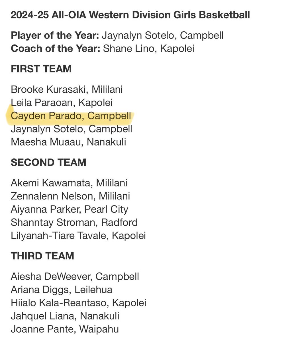 Cayden Parado (@caydenparado_12) on Twitter photo Very blessed to make OIA-West First team and congrats to my girls <a href="/AieshaDeWeever/">Aiesha DeWeever</a> <a href="/JaynalynSotelo1/">Jaynalyn Sotelo</a> 🖤🧡 Time to work for next season 💪 Very blessed to make OIA-West First team and congrats to my girls <a href="/AieshaDeWeever/">Aiesha DeWeever</a> <a href="/JaynalynSotelo1/">Jaynalyn Sotelo</a> 🖤🧡 Time to work for next season 💪