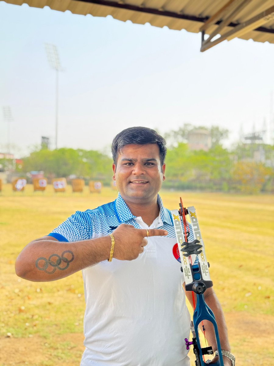 ians_india's tweet photo. "It’s a proud moment for all of India because the compound archery team has finally been given a chance to prove itself (event added in LA Olympics). I got an Olympic tattoo back in 2016, and now I haven’t slept all night—I’m so excited!" Asian Games gold medalist and compound archer Rajat Chauhan told IANS