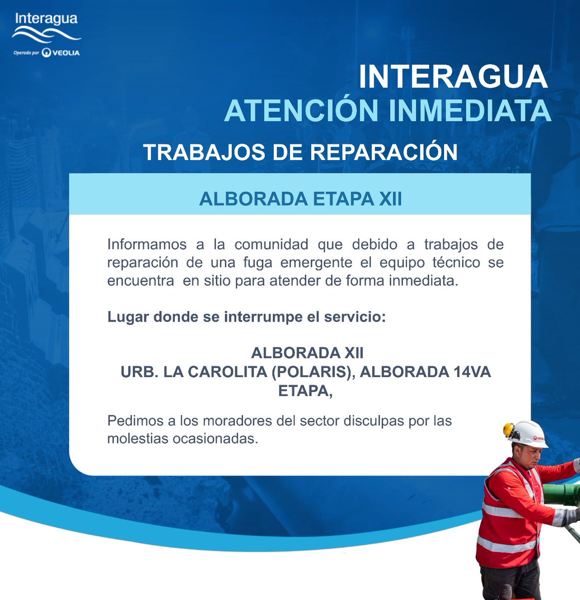 interagua's tweet photo. #InteraguaInforma trabajos urgentes para la reparación de una fuga ubicada en #AlboradaXII.  Técnicos y contratistas trabajan oportunamente para el restablecimiento del servicio.   

Mantente informado en nuestras redes sociales. https://t.co/A7q0mH4FAi