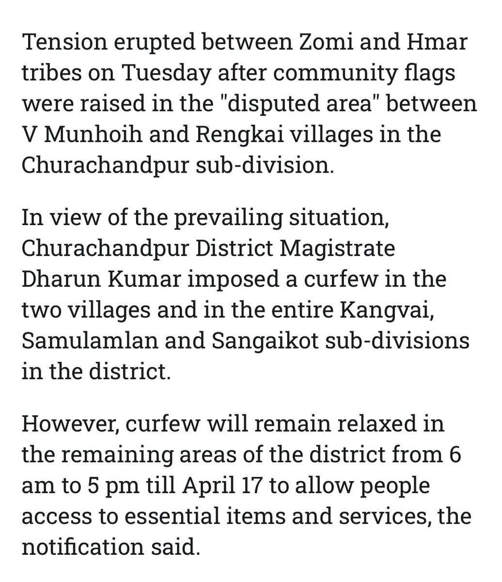 Manipur’s #Churachandpur 
Paite vs Hmar
#Curfew 
#ManipurViolence