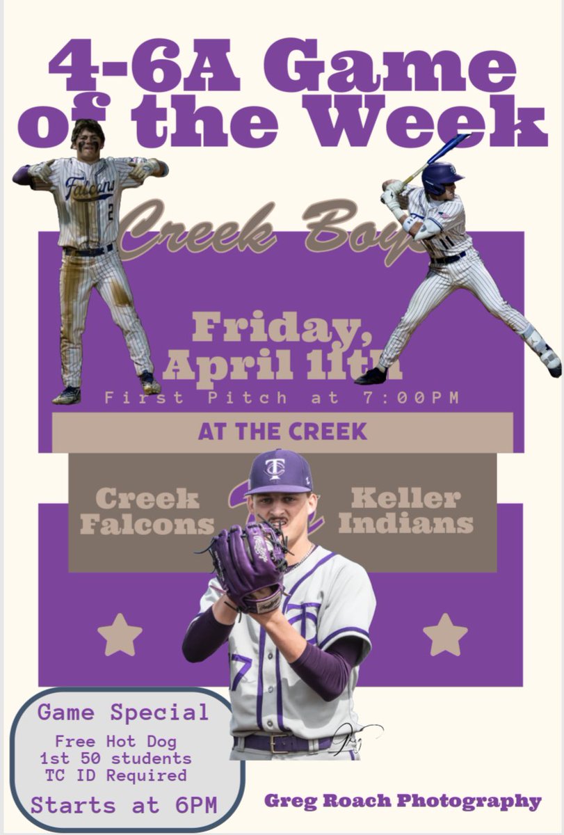 Timber Creek Falcon Baseball (@tcfalconbsb) on Twitter photo BASEBALL at theCreek at night this Friday vs Keller. Big crowd expected so come early. 1st 50 TC students with their ID will get a free hotdog, this will happen at 6:00PM. First pitch 7:00PM. #creekboys
<a href="/KISDAthletics/">Keller ISD Athletics</a> BASEBALL at theCreek at night this Friday vs Keller. Big crowd expected so come early. 1st 50 TC students with their ID will get a free hotdog, this will happen at 6:00PM. First pitch 7:00PM. #creekboys
<a href="/KISDAthletics/">Keller ISD Athletics</a>
