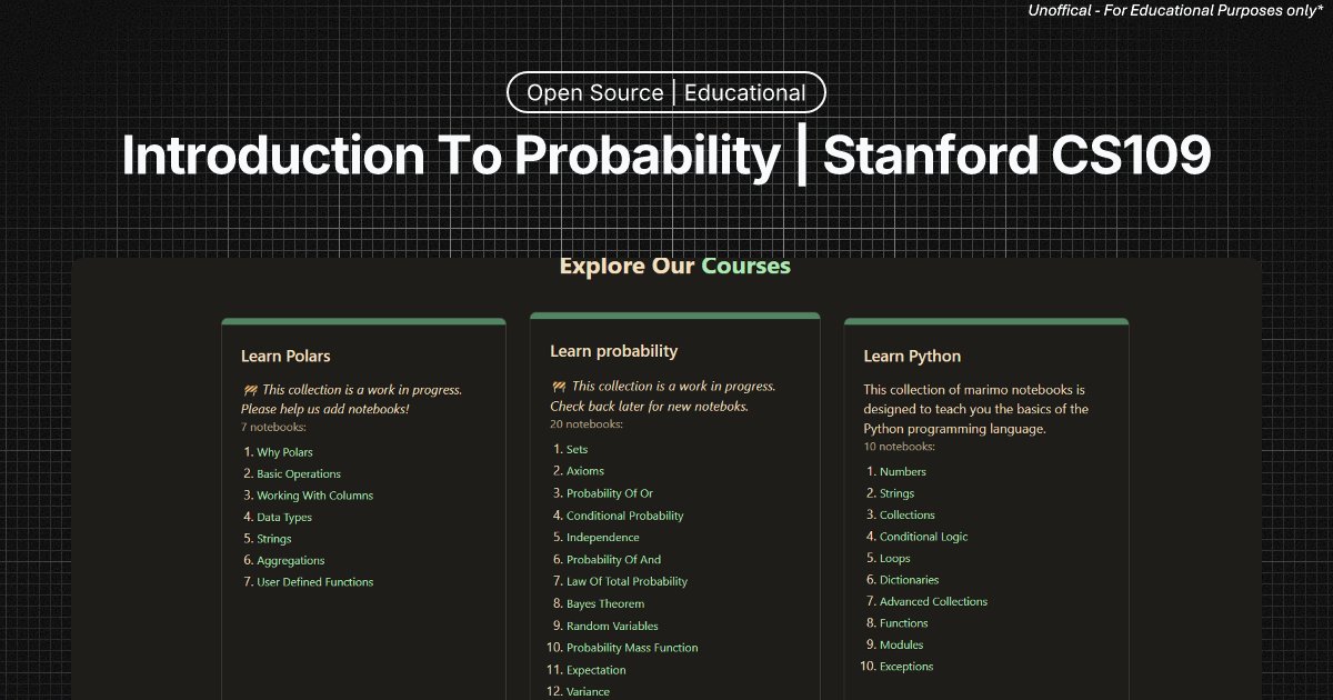 hari_leo03's tweet image. 🎲 Just released: "Intro to Probability" - an interactive notebook series!
After ~2 months, glad to share this (unofficial) #computational companion to Stanford's "Probability for Computer Scientists" | CS109 by @chrispiech.
(1/n)