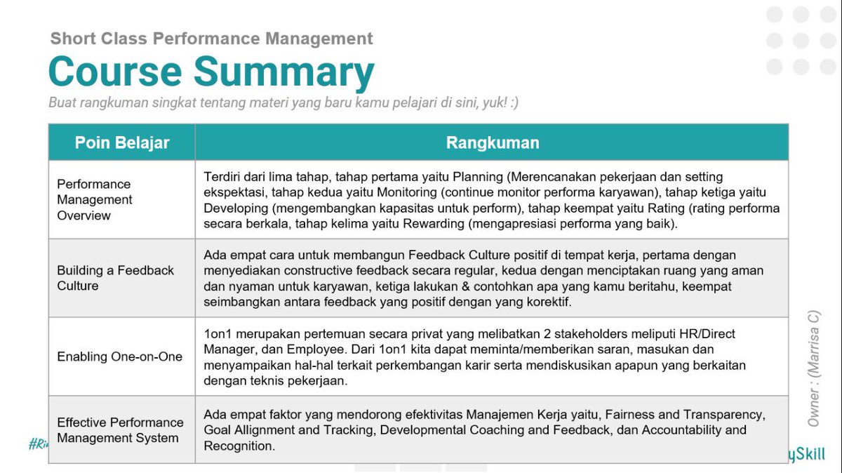 marrisa364589's tweet photo. Semalam ikut short class Perormance Management di MySkill, banyak ilmu baru yang saya dapatkan walaupun hanya short class loh! Sangat menyenangkan dan bermanfaat. Terima kasih. #learnatmyskill https://t.co/Ks6xb7KaCT